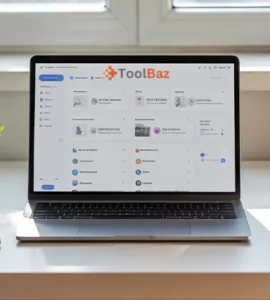 ToolBaz : image ou photo d'un bureau de travail moderne, propre et lumineux avec un ordinateur portable ouvert. Sur l’écran, on voit une interface simple avec plusieurs outils regroupés (tableau de bord clair).
