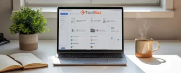 ToolBaz : image ou photo d'un bureau de travail moderne, propre et lumineux avec un ordinateur portable ouvert. Sur l’écran, on voit une interface simple avec plusieurs outils regroupés (tableau de bord clair).