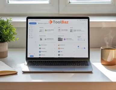 ToolBaz : image ou photo d'un bureau de travail moderne, propre et lumineux avec un ordinateur portable ouvert. Sur l’écran, on voit une interface simple avec plusieurs outils regroupés (tableau de bord clair).