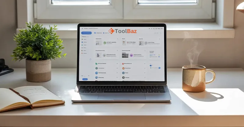 ToolBaz : image ou photo d'un bureau de travail moderne, propre et lumineux avec un ordinateur portable ouvert. Sur l’écran, on voit une interface simple avec plusieurs outils regroupés (tableau de bord clair).