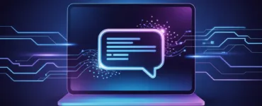 YouChat : image ou photo d'un écran moderne avec une interface de chat futuriste. Au centre, une bulle de discussion lumineuse qui symbolise l’IA. Autour, des éléments numériques (lignes, données, circuits) pour montrer la puissance technologique.