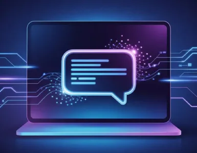 YouChat : image ou photo d'un écran moderne avec une interface de chat futuriste. Au centre, une bulle de discussion lumineuse qui symbolise l’IA. Autour, des éléments numériques (lignes, données, circuits) pour montrer la puissance technologique.