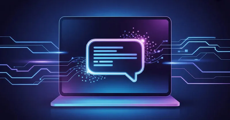 YouChat : image ou photo d'un écran moderne avec une interface de chat futuriste. Au centre, une bulle de discussion lumineuse qui symbolise l’IA. Autour, des éléments numériques (lignes, données, circuits) pour montrer la puissance technologique.