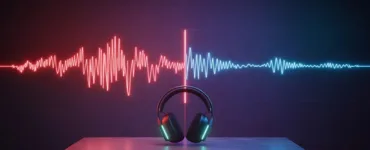 Isoler l’instrumental : image ou photo d'une ambiance studio, d'un casque audio lumineux posé sur une table. À gauche, une onde sonore avec une voix (en rouge). À droite, la même onde sans voix (en bleu), bien nette. Une séparation visuelle au milieu pour montrer “avant / après”.