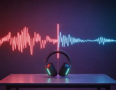 Isoler l’instrumental : image ou photo d'une ambiance studio, d'un casque audio lumineux posé sur une table. À gauche, une onde sonore avec une voix (en rouge). À droite, la même onde sans voix (en bleu), bien nette. Une séparation visuelle au milieu pour montrer “avant / après”.
