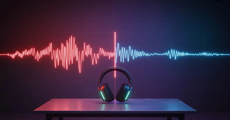 Isoler l’instrumental : image ou photo d'une ambiance studio, d'un casque audio lumineux posé sur une table. À gauche, une onde sonore avec une voix (en rouge). À droite, la même onde sans voix (en bleu), bien nette. Une séparation visuelle au milieu pour montrer “avant / après”.