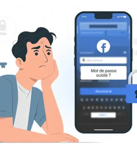 Mot de passe facebook oublié : image ou photo d'une personne devant un écran d’ordinateur ou un smartphone, avec une expression de confusion 😕. Sur l’écran, on voit une interface de connexion Facebook floutée avec un message “mot de passe oublié ?”. À côté, un cadenas ouvert 🔓 pour symboliser la récupération du compte.