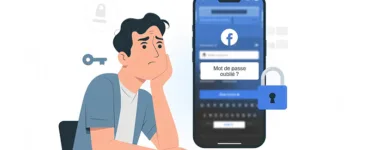 Mot de passe facebook oublié : image ou photo d'une personne devant un écran d’ordinateur ou un smartphone, avec une expression de confusion 😕. Sur l’écran, on voit une interface de connexion Facebook floutée avec un message “mot de passe oublié ?”. À côté, un cadenas ouvert 🔓 pour symboliser la récupération du compte.
