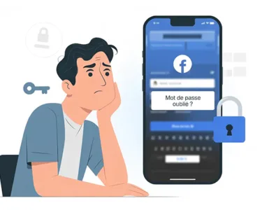 Mot de passe facebook oublié : image ou photo d'une personne devant un écran d’ordinateur ou un smartphone, avec une expression de confusion 😕. Sur l’écran, on voit une interface de connexion Facebook floutée avec un message “mot de passe oublié ?”. À côté, un cadenas ouvert 🔓 pour symboliser la récupération du compte.