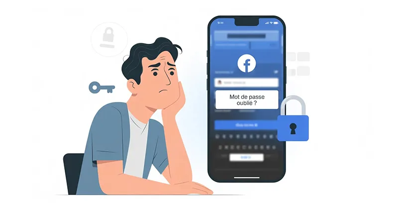 Mot de passe facebook oublié : image ou photo d'une personne devant un écran d’ordinateur ou un smartphone, avec une expression de confusion 😕. Sur l’écran, on voit une interface de connexion Facebook floutée avec un message “mot de passe oublié ?”. À côté, un cadenas ouvert 🔓 pour symboliser la récupération du compte.