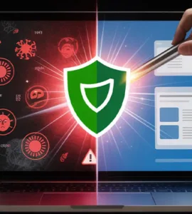 Nettoyer un virus sur Windows : image ou photo d'un ordinateur portable ouvert avec un écran moitié propre, moitié infecté. À gauche, l’écran est sombre avec des icônes de virus rouges et des alertes ⚠️. À droite, l’écran est lumineux, propre avec un bouclier vert 🛡️. Une main est en train de “nettoyer” l’écran avec un effet lumineux ou un outil digital.