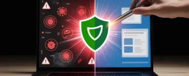 Nettoyer un virus sur Windows : image ou photo d'un ordinateur portable ouvert avec un écran moitié propre, moitié infecté. À gauche, l’écran est sombre avec des icônes de virus rouges et des alertes ⚠️. À droite, l’écran est lumineux, propre avec un bouclier vert 🛡️. Une main est en train de “nettoyer” l’écran avec un effet lumineux ou un outil digital.