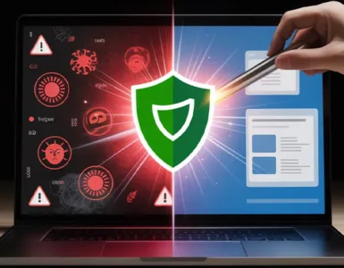 Nettoyer un virus sur Windows : image ou photo d'un ordinateur portable ouvert avec un écran moitié propre, moitié infecté. À gauche, l’écran est sombre avec des icônes de virus rouges et des alertes ⚠️. À droite, l’écran est lumineux, propre avec un bouclier vert 🛡️. Une main est en train de “nettoyer” l’écran avec un effet lumineux ou un outil digital.