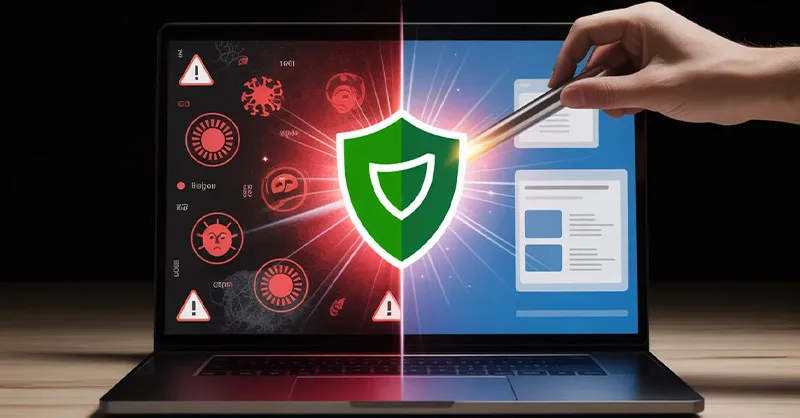 Nettoyer un virus sur Windows : image ou photo d'un ordinateur portable ouvert avec un écran moitié propre, moitié infecté. À gauche, l’écran est sombre avec des icônes de virus rouges et des alertes ⚠️. À droite, l’écran est lumineux, propre avec un bouclier vert 🛡️. Une main est en train de “nettoyer” l’écran avec un effet lumineux ou un outil digital.