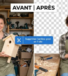 Supprimer l'arrière-plan d'une image : À gauche, une photo avec un fond chargé et désordonné. À droite, la même photo avec le fond supprimé et un fond propre ou transparent.