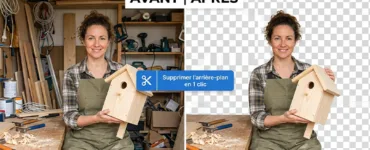 Supprimer l'arrière-plan d'une image : À gauche, une photo avec un fond chargé et désordonné. À droite, la même photo avec le fond supprimé et un fond propre ou transparent.