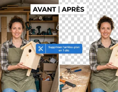 Supprimer l'arrière-plan d'une image : À gauche, une photo avec un fond chargé et désordonné. À droite, la même photo avec le fond supprimé et un fond propre ou transparent.