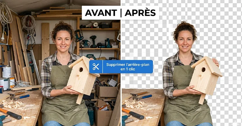 Supprimer l'arrière-plan d'une image : À gauche, une photo avec un fond chargé et désordonné. À droite, la même photo avec le fond supprimé et un fond propre ou transparent.