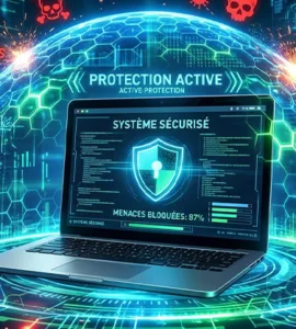 5 meilleurs antivirus fiables : image ou photo montrant un ordinateur portable au centre avec un grand bouclier numérique lumineux.
