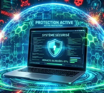5 meilleurs antivirus fiables : image ou photo montrant un ordinateur portable au centre avec un grand bouclier numérique lumineux.