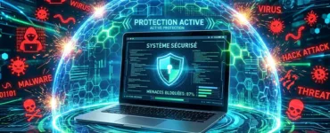 5 meilleurs antivirus fiables : image ou photo montrant un ordinateur portable au centre avec un grand bouclier numérique lumineux.