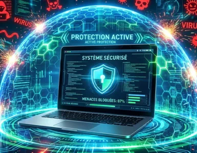 5 meilleurs antivirus fiables : image ou photo montrant un ordinateur portable au centre avec un grand bouclier numérique lumineux.