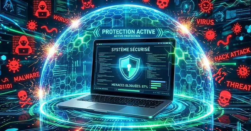 5 meilleurs antivirus fiables : image ou photo montrant un ordinateur portable au centre avec un grand bouclier numérique lumineux.