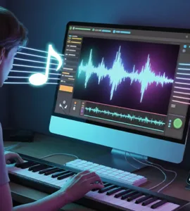 Boomy : image ou photo d'un jeune créateur assis devant son ordinateur. Sur l’écran, on voit une interface musicale stylisée avec des ondes sonores qui bougent.