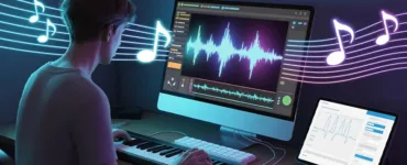 Boomy : image ou photo d'un jeune créateur assis devant son ordinateur. Sur l’écran, on voit une interface musicale stylisée avec des ondes sonores qui bougent.