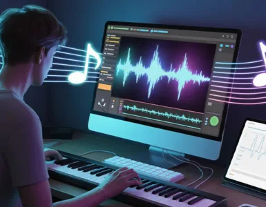 Boomy : image ou photo d'un jeune créateur assis devant son ordinateur. Sur l’écran, on voit une interface musicale stylisée avec des ondes sonores qui bougent.