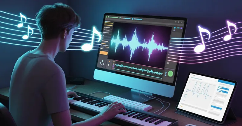 Boomy : image ou photo d'un jeune créateur assis devant son ordinateur. Sur l’écran, on voit une interface musicale stylisée avec des ondes sonores qui bougent.