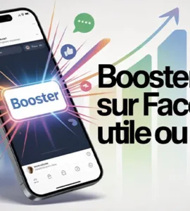 Booster sur Facebook : image ou photo d'un smartphone affichant l’application Facebook avec un bouton “Booster” mis en avant. Autour, des icônes de likes, commentaires, et partages .