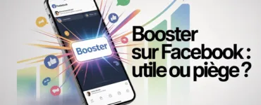 Booster sur Facebook : image ou photo d'un smartphone affichant l’application Facebook avec un bouton “Booster” mis en avant. Autour, des icônes de likes, commentaires, et partages .