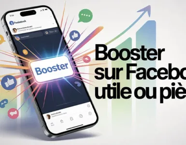 Booster sur Facebook : image ou photo d'un smartphone affichant l’application Facebook avec un bouton “Booster” mis en avant. Autour, des icônes de likes, commentaires, et partages .