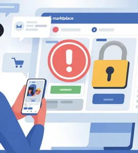 Facebook Marketplace : image ou photo d'une personne assise avec son téléphone devant l’écran de marketplace facebook. Sur l’écran, une annonce avec un symbole d’avertissement rouge ⚠️ et un cadenas débloqué 🔓 pour représenter la sécurité du compte. En arrière-plan, plusieurs icônes de vente, de messages et d’étoiles pour montrer un compte fiable et actif.