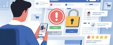 Facebook Marketplace : image ou photo d'une personne assise avec son téléphone devant l’écran de marketplace facebook. Sur l’écran, une annonce avec un symbole d’avertissement rouge ⚠️ et un cadenas débloqué 🔓 pour représenter la sécurité du compte. En arrière-plan, plusieurs icônes de vente, de messages et d’étoiles pour montrer un compte fiable et actif.