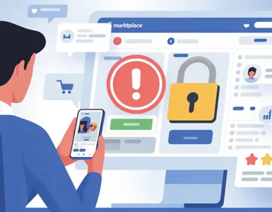 Facebook Marketplace : image ou photo d'une personne assise avec son téléphone devant l’écran de marketplace facebook. Sur l’écran, une annonce avec un symbole d’avertissement rouge ⚠️ et un cadenas débloqué 🔓 pour représenter la sécurité du compte. En arrière-plan, plusieurs icônes de vente, de messages et d’étoiles pour montrer un compte fiable et actif.