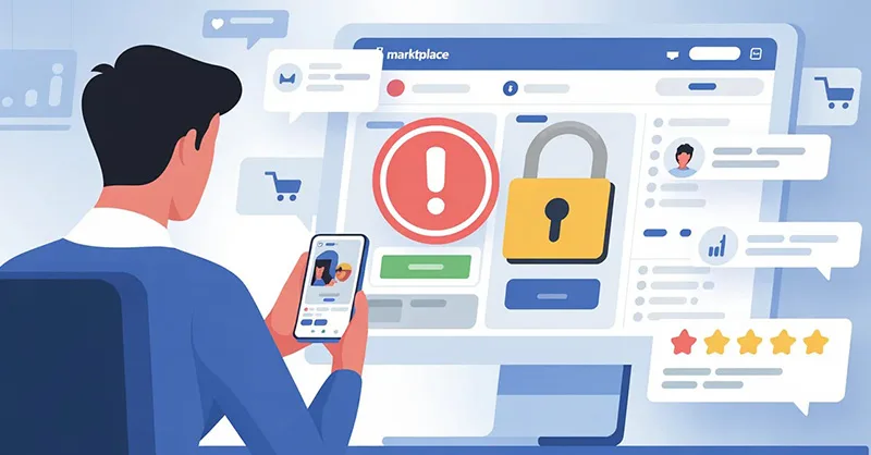 Facebook Marketplace : image ou photo d'une personne assise avec son téléphone devant l’écran de marketplace facebook. Sur l’écran, une annonce avec un symbole d’avertissement rouge ⚠️ et un cadenas débloqué 🔓 pour représenter la sécurité du compte. En arrière-plan, plusieurs icônes de vente, de messages et d’étoiles pour montrer un compte fiable et actif.