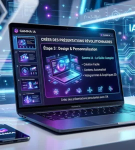 Gamme IA : image ou photo d'un ordinateur portable avec une présentation générée par intelligence artificielle à l’écran, dans un environnement minimaliste et professionnel.