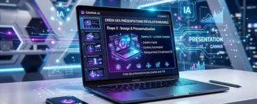 Gamme IA : image ou photo d'un ordinateur portable avec une présentation générée par intelligence artificielle à l’écran, dans un environnement minimaliste et professionnel.