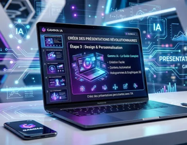 Gamme IA : image ou photo d'un ordinateur portable avec une présentation générée par intelligence artificielle à l’écran, dans un environnement minimaliste et professionnel.