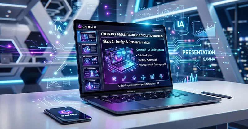 Gamme IA : image ou photo d'un ordinateur portable avec une présentation générée par intelligence artificielle à l’écran, dans un environnement minimaliste et professionnel.