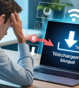 Gestionnaire de téléchargement : image ou photo Montrant un ordinateur portable avec une barre de téléchargement bloquée à 0 %, un utilisateur frustré devant l’écran