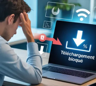 Gestionnaire de téléchargement : image ou photo Montrant un ordinateur portable avec une barre de téléchargement bloquée à 0 %, un utilisateur frustré devant l’écran