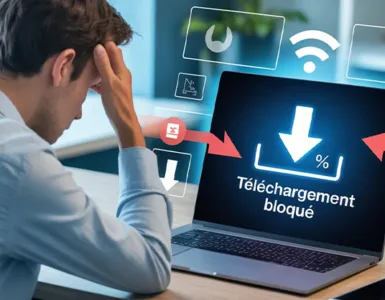 Gestionnaire de téléchargement : image ou photo Montrant un ordinateur portable avec une barre de téléchargement bloquée à 0 %, un utilisateur frustré devant l’écran