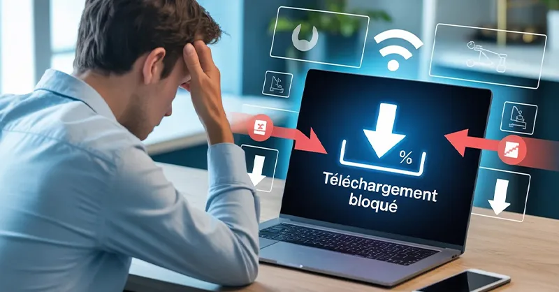 Gestionnaire de téléchargement : image ou photo Montrant un ordinateur portable avec une barre de téléchargement bloquée à 0 %, un utilisateur frustré devant l’écran