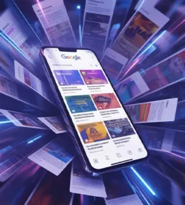 Google Discover : image ou photo d'un smartphone au centre avec l’écran Google Discover affiché, entouré d’articles qui explosent visuellement autour du téléphone avec des effets lumineux bleus et violets.
