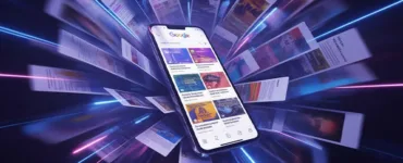 Google Discover : image ou photo d'un smartphone au centre avec l’écran Google Discover affiché, entouré d’articles qui explosent visuellement autour du téléphone avec des effets lumineux bleus et violets.