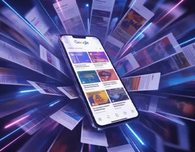 Google Discover : image ou photo d'un smartphone au centre avec l’écran Google Discover affiché, entouré d’articles qui explosent visuellement autour du téléphone avec des effets lumineux bleus et violets.