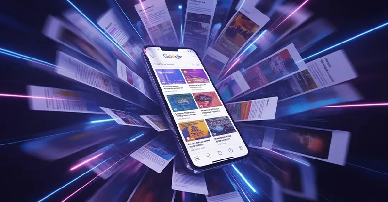 Google Discover : image ou photo d'un smartphone au centre avec l’écran Google Discover affiché, entouré d’articles qui explosent visuellement autour du téléphone avec des effets lumineux bleus et violets.